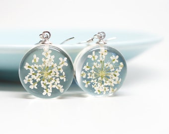 Real lace flower clear resin earrings - white gold plated silver wire