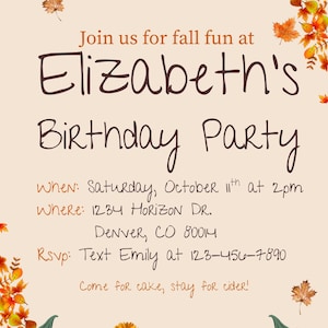 Invitación de cumpleaños de otoño / Invitación a fiesta de otoño / Descarga digital de cumpleaños de calabaza