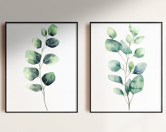 Set of 2 Eucalyptus Wall Art Prints, Minimalist Green Botanical Watercolor Artwork, Digital Download Printable, Nature-Inspired Plant Prints