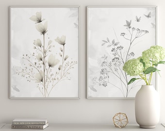 Set of 2 Neutral Botanical Wall Art Prints, Minimalist Floral Digital Download, Modern Nature Line Drawing Prints for Home Decor, Gift Idea