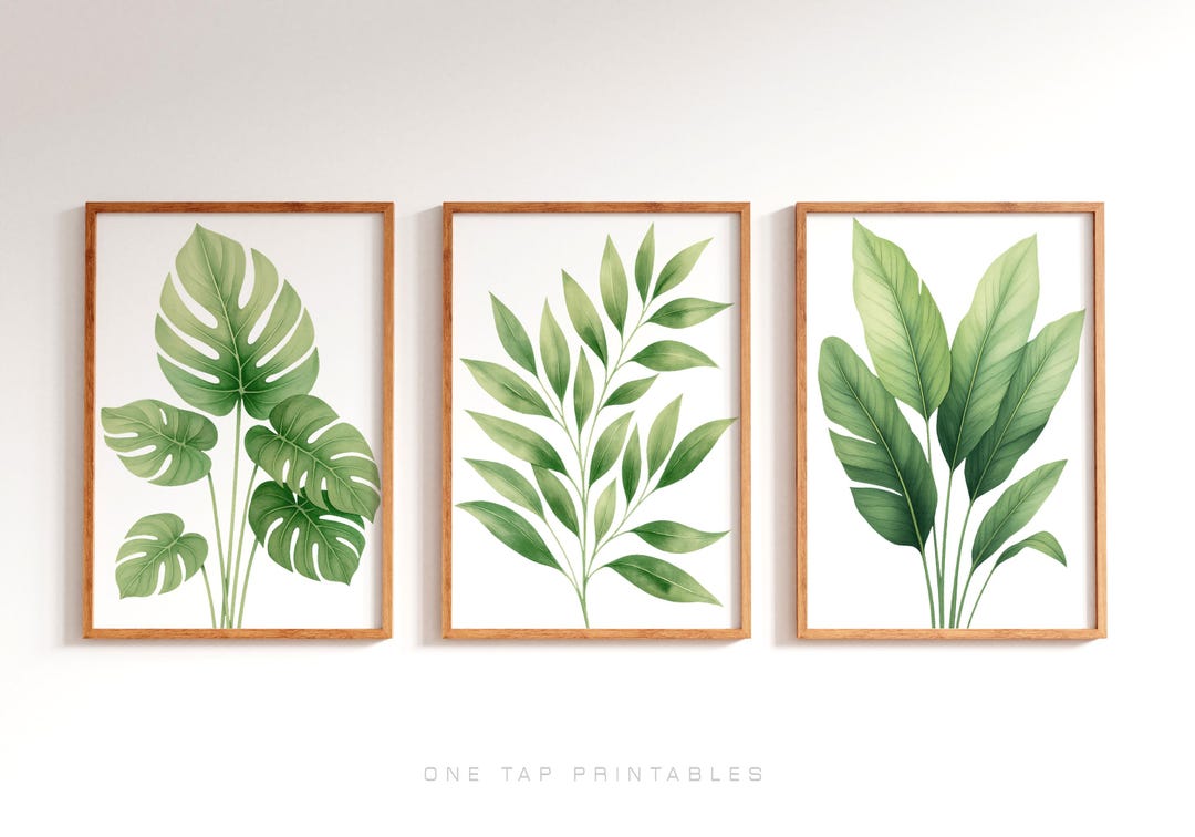 Set of 3 Green Tropical Leaf Wall Art Prints, Modern Botanical Poster ...