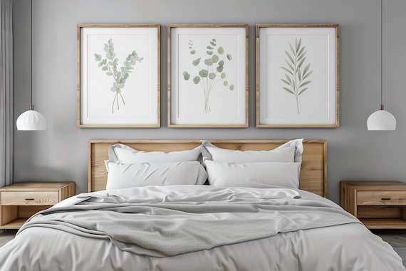 Set of 3 Eucalyptus Wall Art Prints, Green Botanical Watercolor Leaves, Minimalist Plant Digital Download, Printable Modern Home Decor