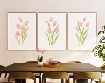 Juego de 3 tulipanes para pared, impresiones de flores en acuarela, pósteres botánicos minimalistas, decoración floral primaveral digital para el hogar y la habitación de los niños.