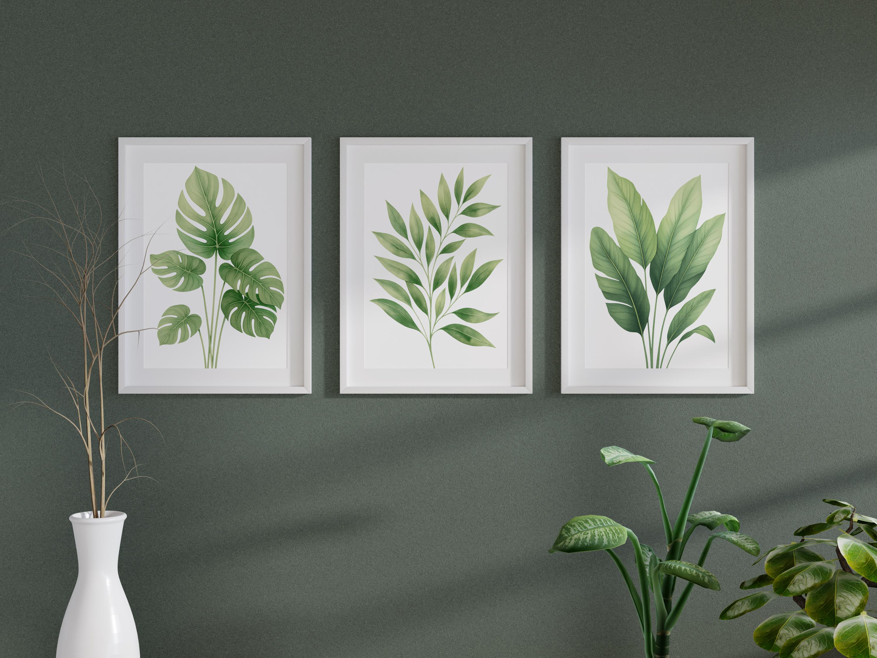 Set of 3 Green Tropical Leaf Wall Art Prints, Modern Botanical Poster ...