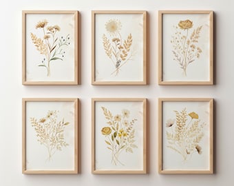 Set of 6 Wildflower Prints, Watercolor Botanical Wall Art, Neutral Floral Gallery Wall Set, Boho Minimalist Vintage Posters Digital Download