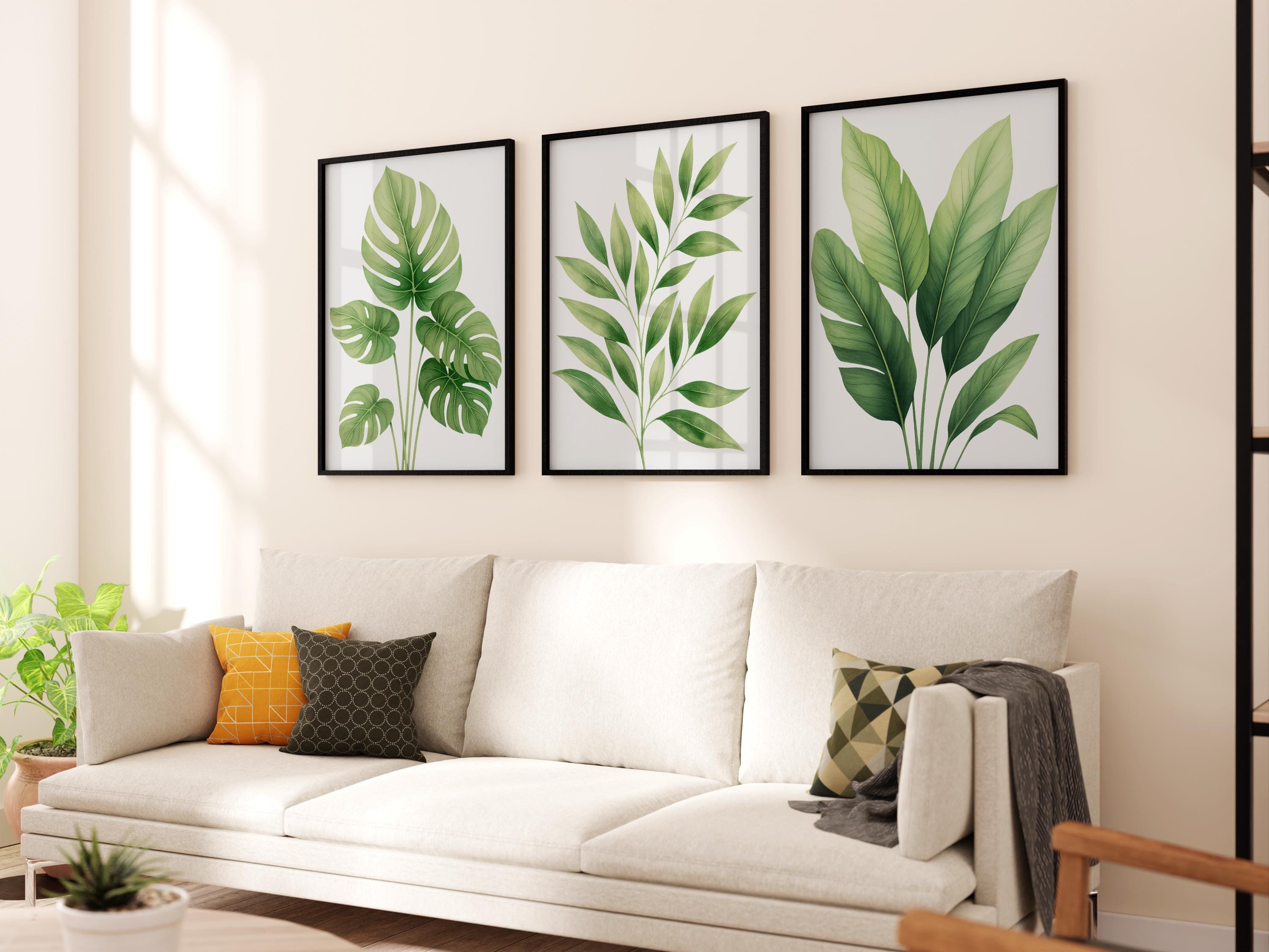Set of 3 Green Tropical Leaf Wall Art Prints, Modern Botanical Poster ...