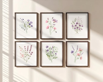 Set of 6 Wildflower Wall Art Prints, Watercolor Botanical Flower Digital Download, Boho Floral Nature Decor, Gallery Wall Set, Printable Art