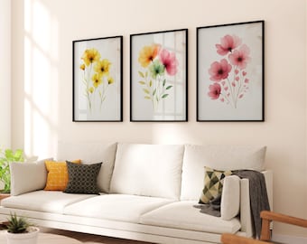 Juego de 3 impresiones de acuarela para pared, estampados florales coloridos, estampados botánicos bohemios, descarga digital minimalista de primavera para el hogar y la habitación de los niños.