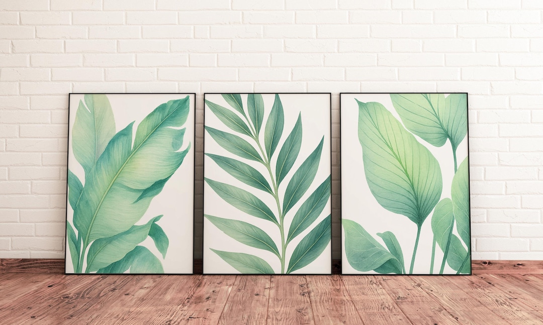 Set of 3 Watercolor Tropical Palm Leaf Wall Art Prints, Green Botanical ...