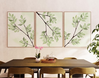 Juego de 3 impresiones artísticas de pared con hojas botánicas verde salvia, descarga digital minimalista de naturaleza, decoración moderna de acuarela para el hogar, idea de regalo.