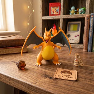 Könnte beinhalten: Eine orangefarbene Charizard-Figur mit schwarzen Flügeln steht auf einer Holzoberfläche. Ein Leder-Untersetzer mit dem Pokemon-Logo und "Est. 1996" ist zu sehen. Weitere Pokemon-Artikel und Bücher sind im Hintergrund.
