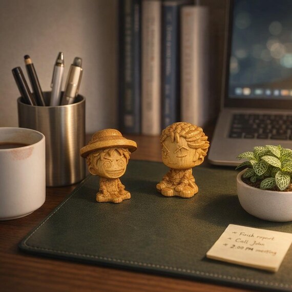 Yabai Wood Anime Hand Carved Figure – Luffy & Zoro Pocket Sculpture Gift