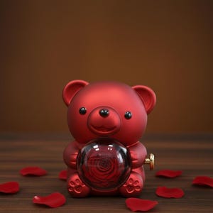 Könnte beinhalten: Rote Teddybär-Figur, die eine klare Kugel mit einer roten Rose im Inneren hält. Der Bär hat schwarze Augen und ein lächelndes Gesicht. Goldfarbener Schlüssel an der Seite. Rote Rosenblätter sind verstreut.