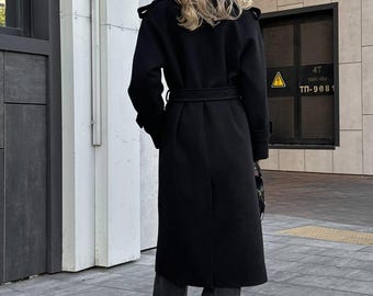 Manteau oversize croisé – trench noir classique, taille maxy