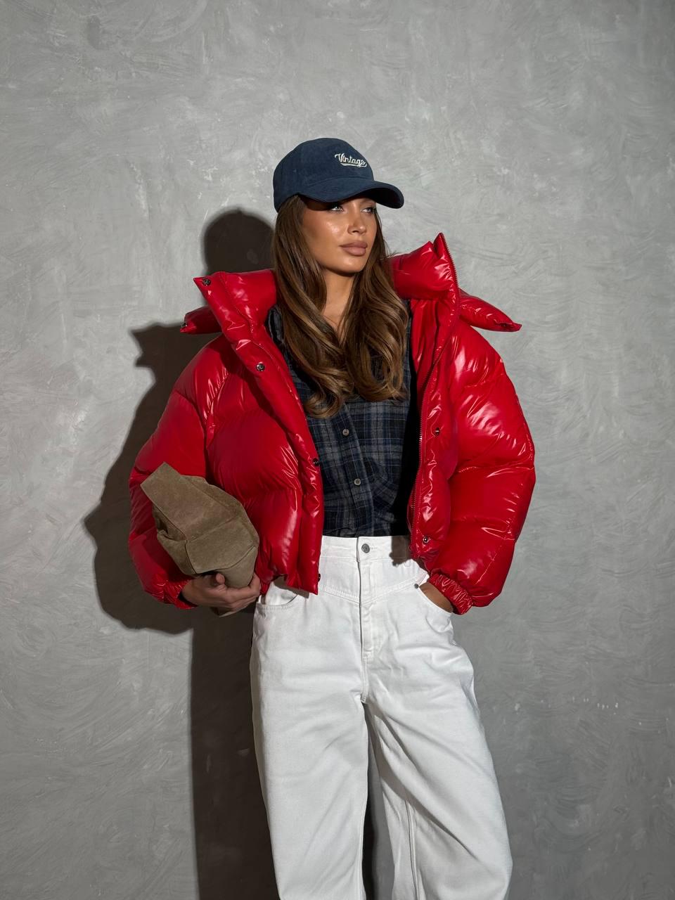 Red Cropped Puffer Jacket – Glossy Short Winter Coat With