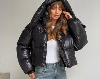 black puffer jacket women, short winter coat, shiny warm outerwear, street style vibe boosters