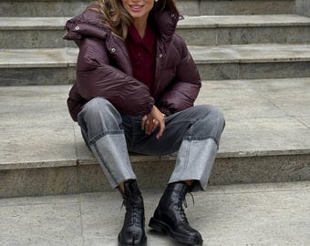 Burgundy Cropped Puffer Jacket: Eco Down Winter Coat - Etsy