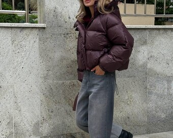 Burgundy Cropped Puffer Jacket: Eco Down Winter Coat