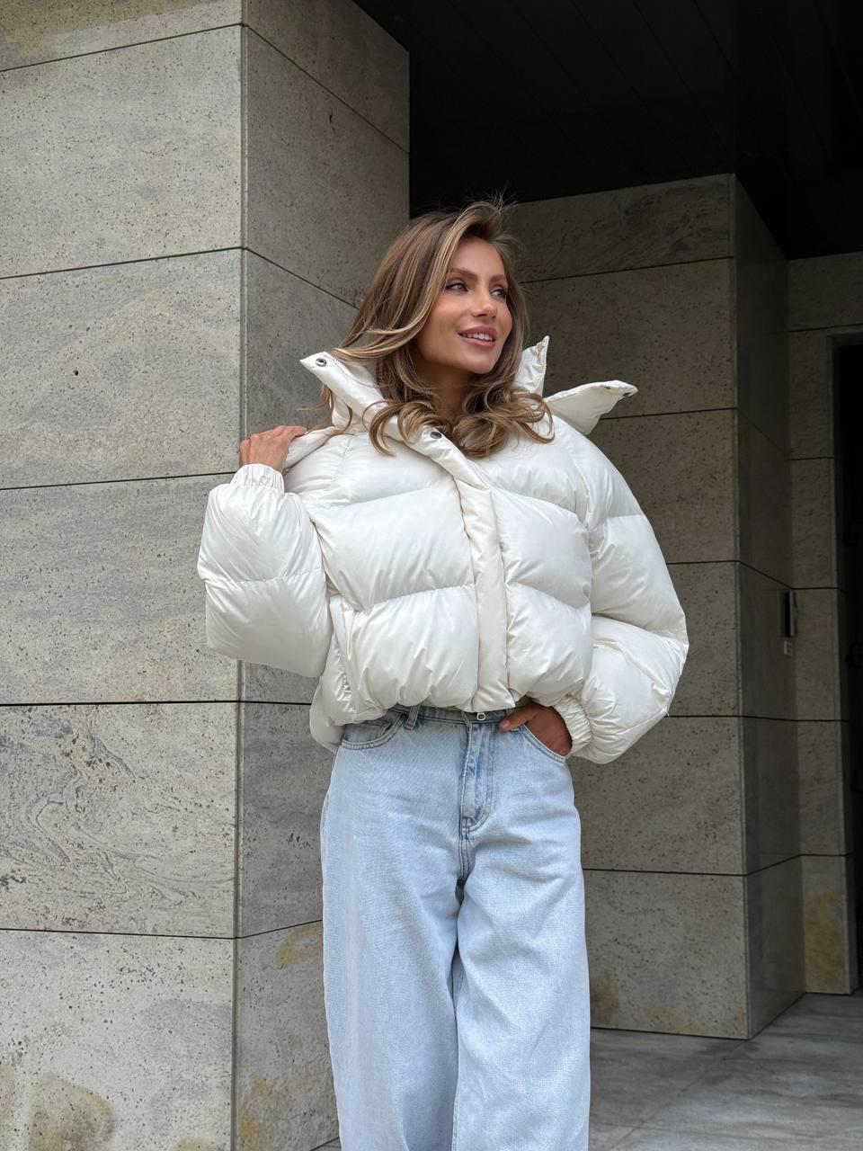 Cropped Ivory Puffer Jacket, Winter Eco Down Coat, Warm Gift for
