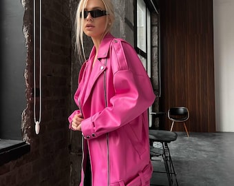 Veste oversize en similicuir rose avec ceinture - Pièce tendance audacieuse et chic