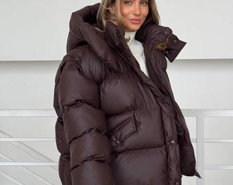 Chaqueta acolchada transformable marrón oscuro para mujer, abrigo de invierno oversize