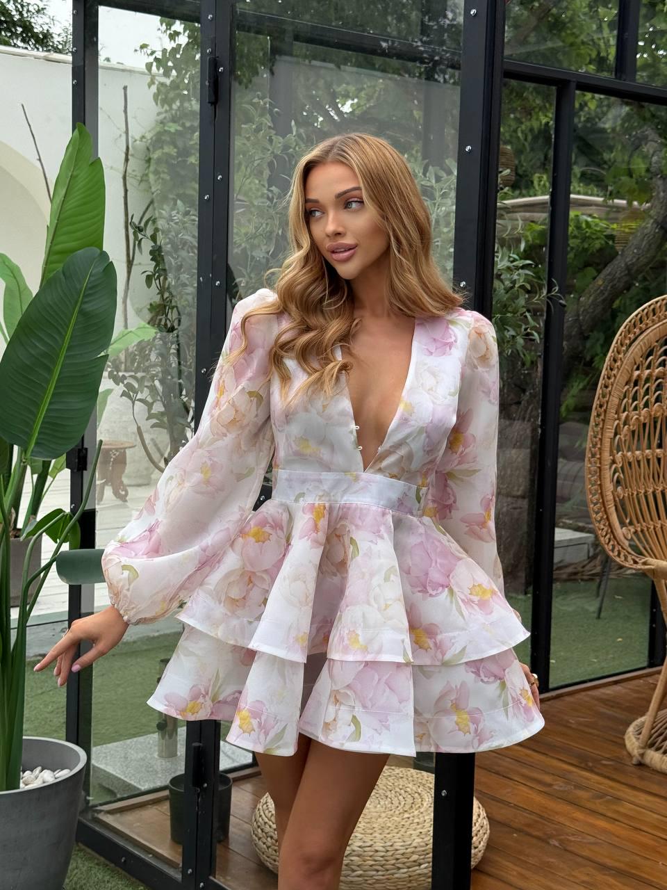 pink organza mini dress pink party dress Hot Pink Organza Surplice-Neck Short Party Dress with  Ruffles  Modsele