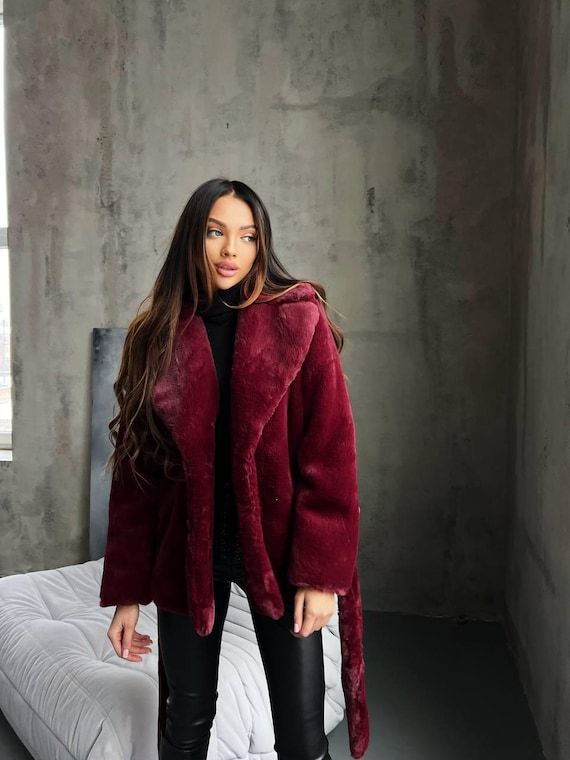 Burgundy Faux Fur Belted Coat - Eco-friendly Jacket (one Size) - Etsy