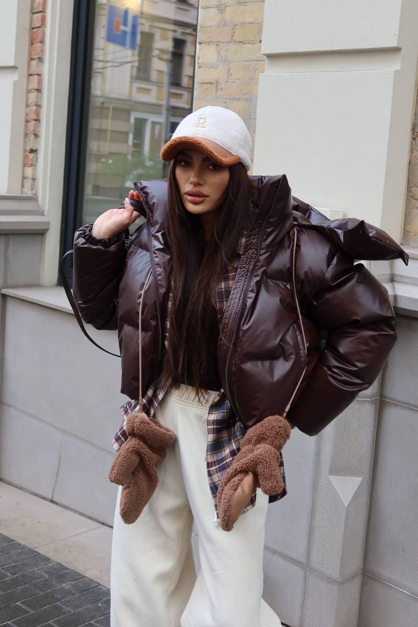 Brown Shiny Puffer Jacket / Chocolate Crop Winter Coat - Etsy