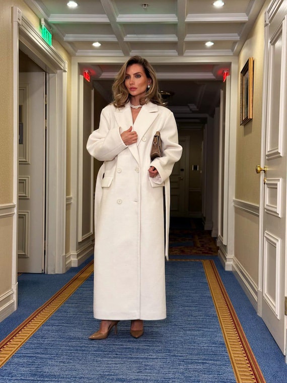Ivory Wool Coat – Long Oversized Winter Trench, Structured Maxi