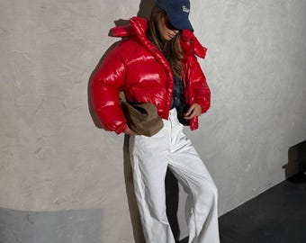 Red Cropped Puffer Jacket – Glossy Short Winter Coat With