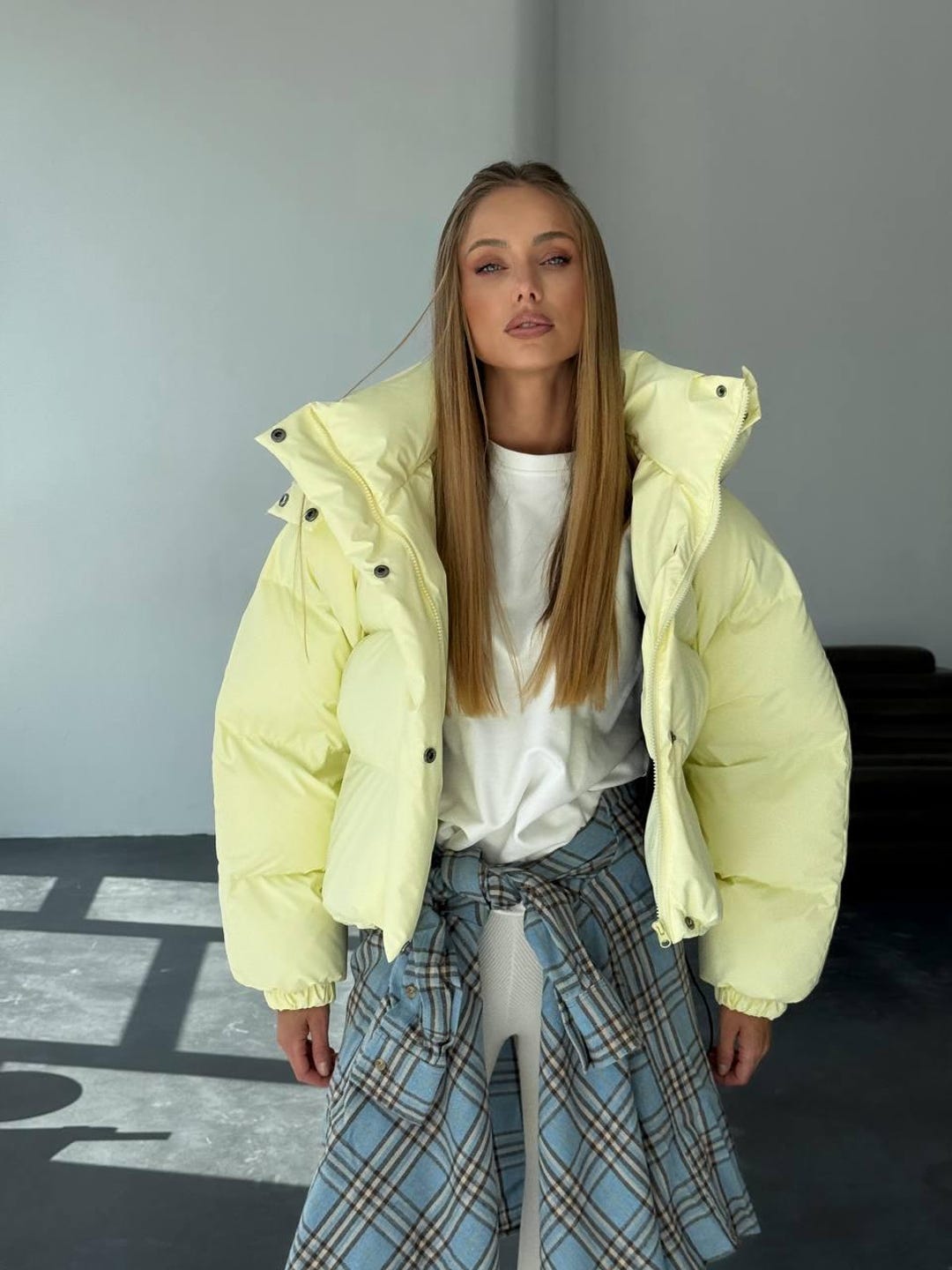 Lemon Yellow Cropped Puffer Jacket: Eco-down Winter Coat - Etsy