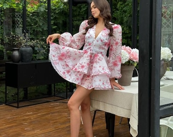 light pink floral chiffon frill micro mini dress LoveShackFancy Zanira Dress in Pink