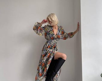 floral chiffon midi dress with v-neck and puff sleeves — romantic women’s spring outfit