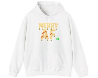 Merry AF Pom Pom Graphic Hoodie | Funny Holiday Pizza Sweatshirt