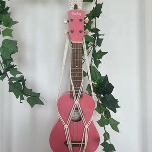 May include: A pink ukulele with the word "Hola!" on the headstock, suspended in a macrame plant hanger. The ukulele is surrounded by green ivy against a white background. The macrame hanger is white.