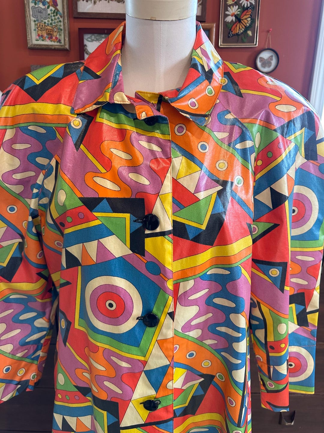 80’s Retro Rocker Waxed Psychedelic Rain Jacket Size Medium Oversized ...