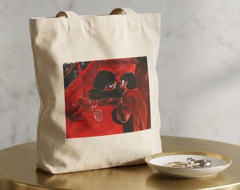 Bolsa de tecido com estampa de beijo no balcão de bar | Pintura em guache vermelho