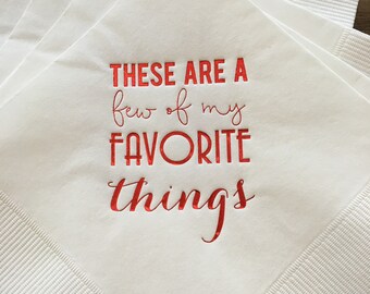 Favorite things party, holiday party, christmas party, gift exchange, hostess gift, gift for her him, custom napkin, foil cocktail napkin