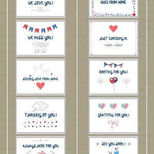 May include: A collection of greeting cards with various messages in blue and red text. Messages include "We Love You!", "We Miss You!", "Sending Love From Home", "Thinking of You!", and "Always Here For You".