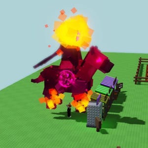 Könnte beinhalten: Eine pixelige Darstellung eines kopflosen Reiters auf einem Pferd, beide in Rot- und Lilatönen, mit Flammen um die Beine und den Kopf des Pferdes. Der Reiter hat einen leuchtend gelben Kopf und ein Schwert.