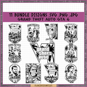 Puede incluir: Un paquete digital de 11 diseños gráficos en blanco y negro con temas de Grand Theft Auto VI, que incluyen retratos de personajes, paisajes urbanos, palmeras y el texto Grand Theft Auto VI, Vice City, Jason y Lucia en varios diseños.