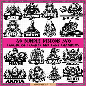Puede incluir: Una colección de diseños de personajes de League of Legends en blanco y negro, incluyendo Azir, Katarina, Annie, Fizz, Ekko, Galio, Aurelion Sol, Hwei, Malzahar, Akali, Ziggs, Anivia, Akshan, LeBlanc y Ahri. También está presente el texto "60 BUNDLE DISIGNS .SVG LEAGUE OF LEGENDS MID LANE CHAMPIONS".