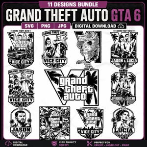 Puede incluir: Un paquete digital de 11 diseños gráficos en blanco y negro con temas de Grand Theft Auto VI. La colección incluye varios logotipos, ilustraciones de personajes, un mapa y elementos de texto como Vice City, Jason y Lucia en formatos SVG, PNG y JPG.