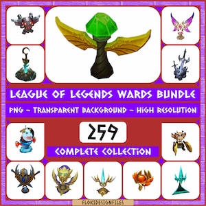 Puede incluir: Una colección de diseños de guardianes de League of Legends, incluyendo un guardián central con una gema verde en la parte superior y alas doradas. La imagen incluye el texto "LEAGUE OF LEGENDS WARDS BUNDLE" y "259 COMPLETE COLLECTION". El fondo es rojo oscuro.