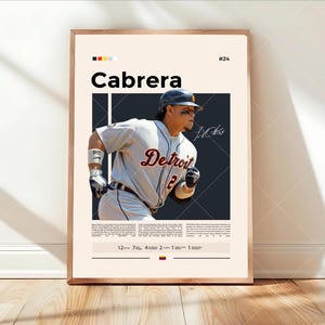May include: A vertical poster featuring a baseball player in a grey Detroit jersey with the name Cabrera and number 24 at the top. The design includes a central action photo, a signature, and statistical text at the bottom on a cream background.