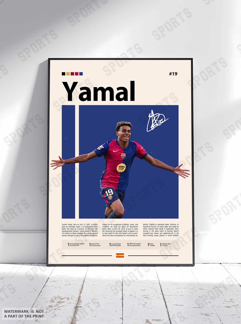 May include: A framed sports poster featuring a photograph of Lamine Yamal in a blue and red soccer jersey with the number 19. The design includes the name Yamal, a signature, a blue rectangular background, and text detailing career achievements.