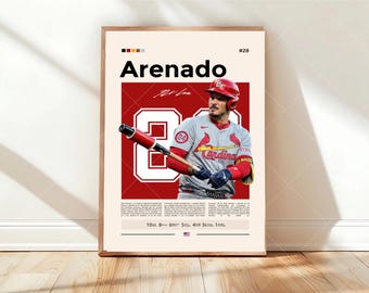 以下が含まれることがあります： 太字の黒い文字で「Arenado」という名前が書かれた額入りのポスターで、数字の「8」が大きく表示されています。ポスターには、バットを持ったカーディナルスのユニフォームを着た野球選手が描かれています。背景は濃い赤色で、クリーム色の縁取りがされています。