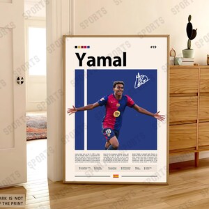May include: A vertical poster featuring a photograph of a soccer player in a red and blue jersey with the number 19, the name Yamal, a signature, and text detailing career statistics. The design includes a blue background block and a Spanish flag.