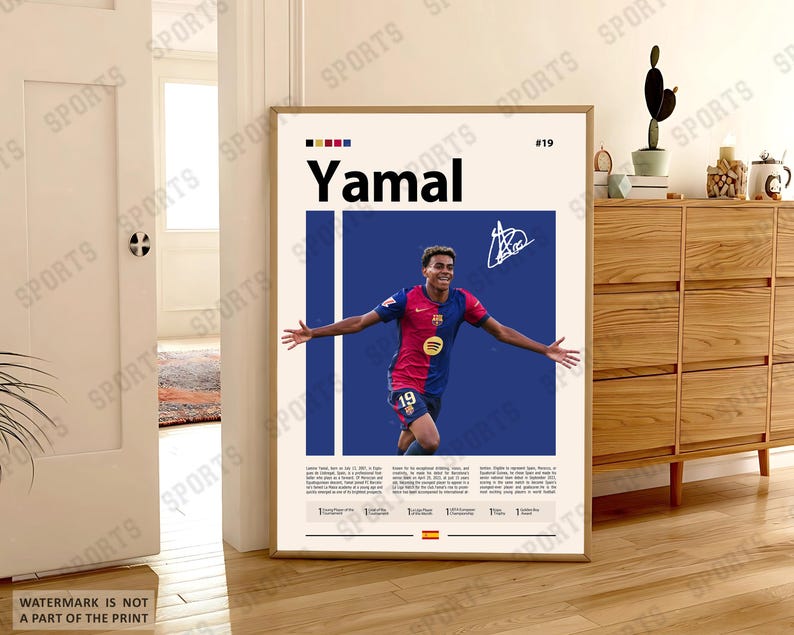 May include: A vertical poster featuring a photograph of a soccer player in a red and blue jersey with the number 19, the name Yamal, a signature, and text detailing career statistics. The design includes a blue background block and a Spanish flag.