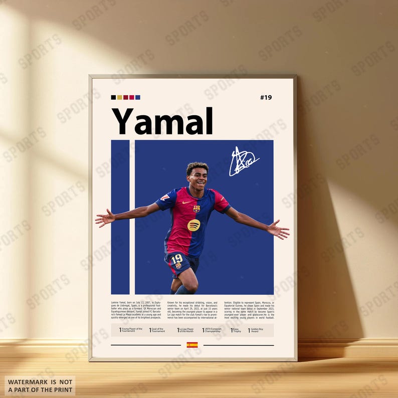 May include: A vertical poster featuring a photograph of a soccer player in a red and blue jersey with the number 19, arms outstretched. The text reads Yamal, includes a signature, and provides biographical details and career statistics at the bottom.